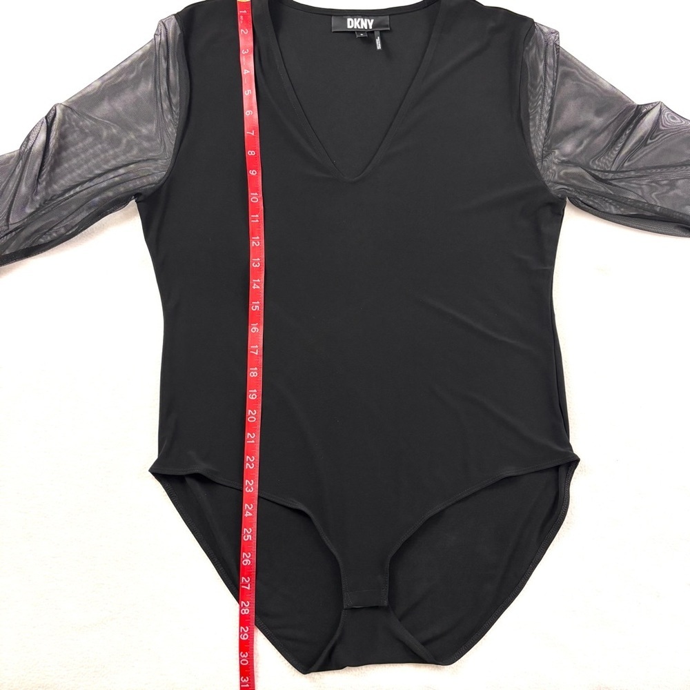 DKNY Black V-Neck Sheer Arms Double Snap Ballet Bodysuit Top (XL) - Picture 13 of 15